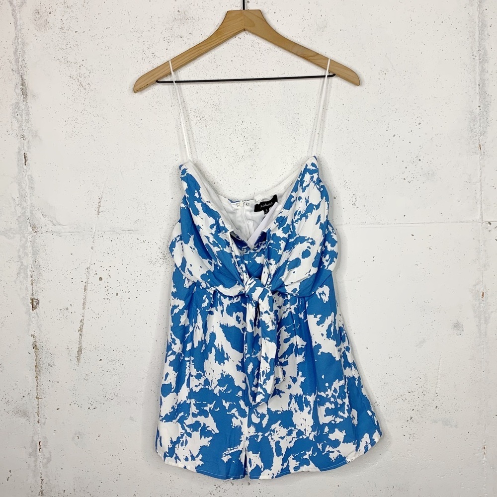 Aakaa Tie Front Blue White Print Romper Size Small